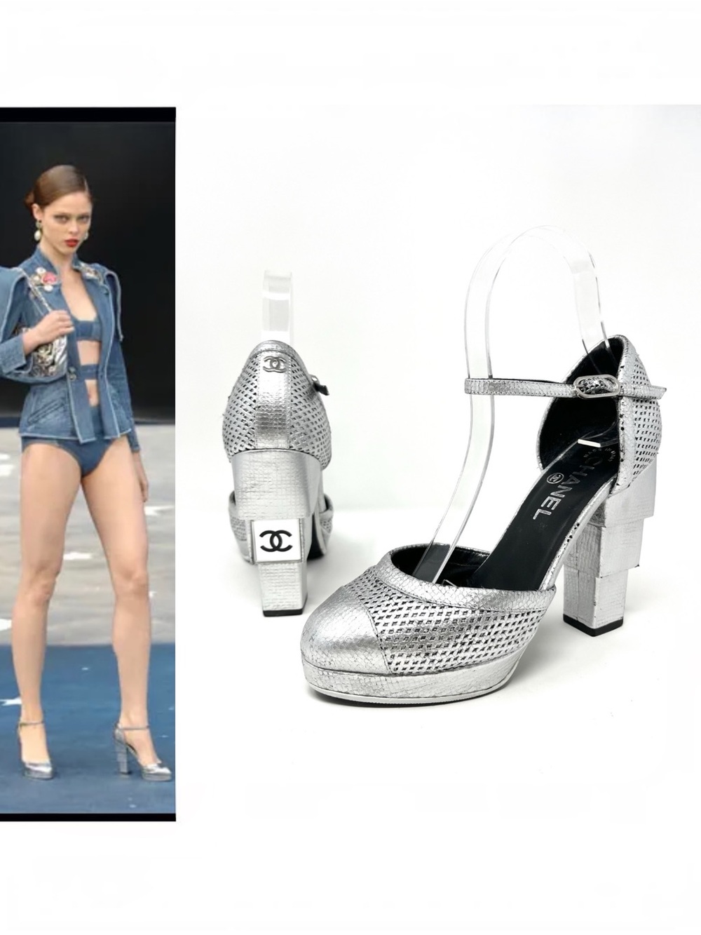 Vintage Chanel Silver Leather CC Logo Cap Toe Platform High Heels Pumps 36.5 - Picture 15 of 15